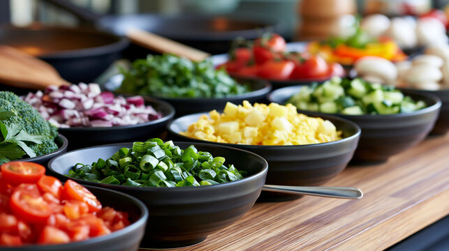 Hotel breakfast buffet omelet station with fresh ingredients displayed in bowls, made-to-order dining concept, defocused, with copy space