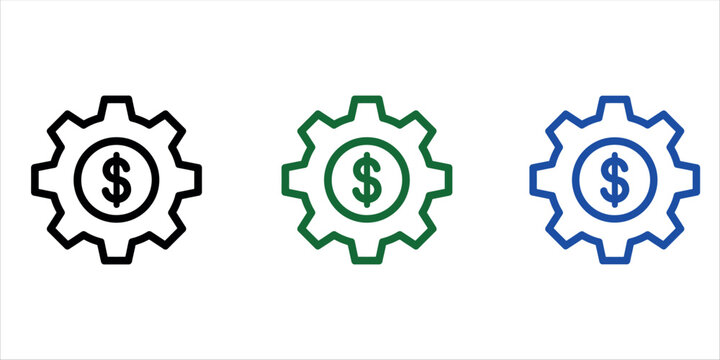 Three colorful gear icons with dollar signs representing financial growth and business strategy.