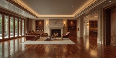 Obraz premium Luxurious living room with a fireplace and large windows