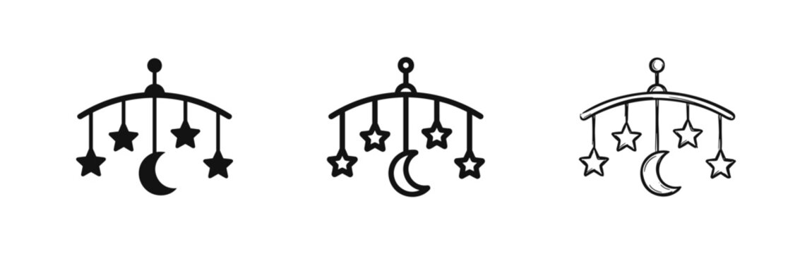 Baby mobile with moon and stars icon set. Bedtime and nursery decoration symbols.