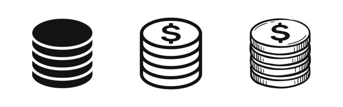 Stack of dollar coins vector icon set in solid, outline, and doodle styles. Financial savings and economy concept.