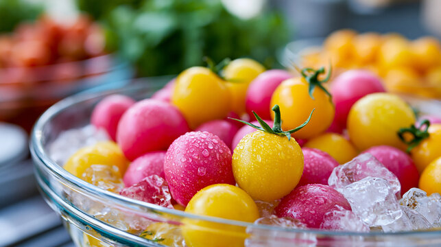 Yellow and pink tomatoes arranged in a bowl of ice, fresh produce display and buffet presentation concept, defocused, with copy space