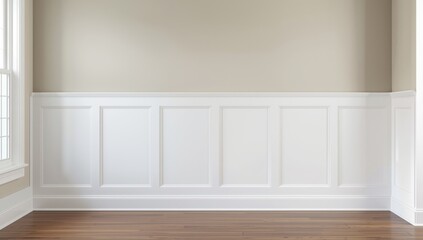Fototapeta premium Empty room with white paneled walls and wooden floor