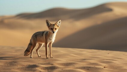 Fototapeta premium Keen eared desert fox standing alert on arid sand dunes