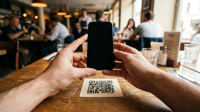 Hands holding a blank white screen smartphone over a QR code on a cafe table, illustrating the use of mobile technology for contactless ordering and digital menus in a modern lifestyle context.