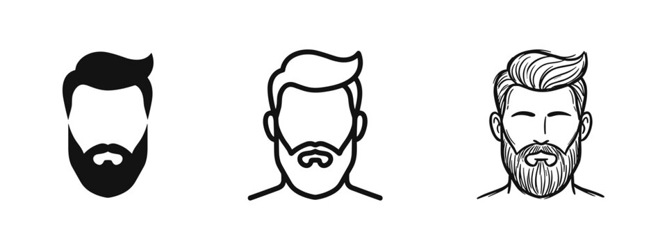 Man with beard and mustache icon set in three distinct styles, representing male grooming and fashion.