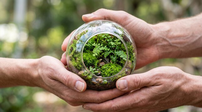 A detailed view of hands protecting a small glass terrarium filled with vibrant green moss and tiny ferns, illustrating the concept of environmental conservation and the beauty of micro ecosystems.