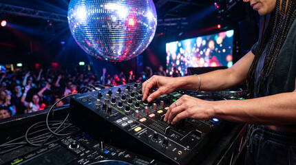 Close up of a disc jockey hands operating a music mixer console beneath a large sparkling disco ball with light reflections in a dark night club setting during a lively electronic dance party.