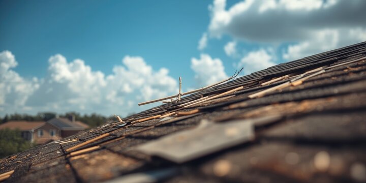 Home rooftop repair concept showing a house roof with missing shingles after wind damage