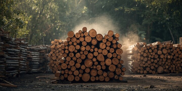 Tropical tree trunks sorted and stacked at lumberyard site