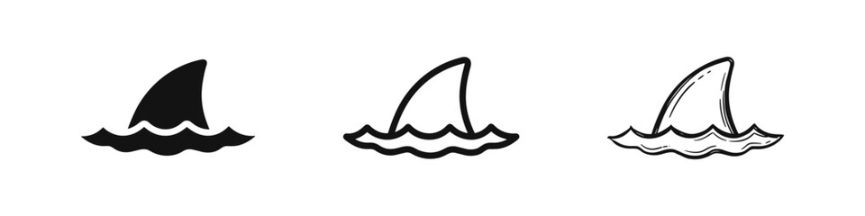 Obraz premium Three variations of a shark fin icon emerging from water: solid, outline, and hand-drawn sketch, for danger or marine themes.