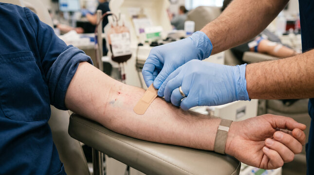 Detailed photorealistic view of a medical professional's hands applying a simple white bandage to a donor's arm, highlighting the selfless act of blood donation in a clean clinical setting.