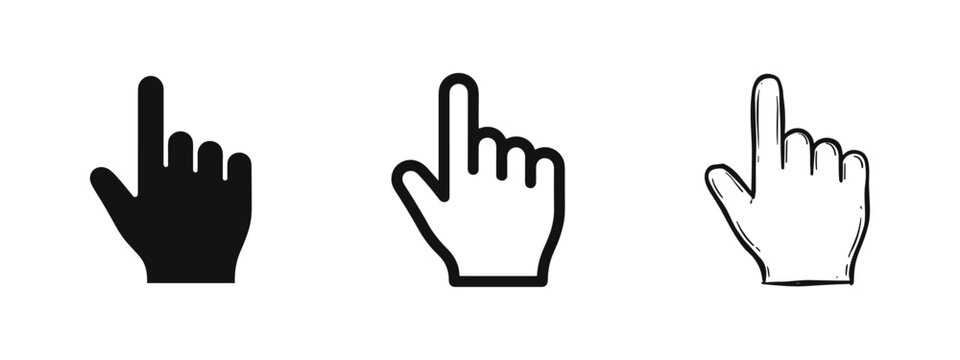 A collection of three pointing hand cursor icons in solid, outline, and hand-drawn styles, perfect for click and selection concepts.