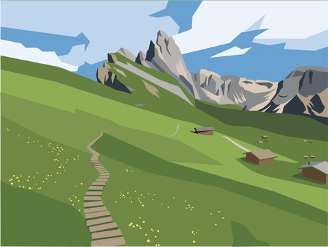 Scenic Mountain Vector Illustration with Hiking Trail and Green Meadows