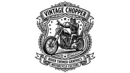 Vintage chopper motorcycle rider emblem with decorative shield © Suyat