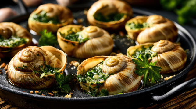 high fidelity food photography of french escargot baked snails