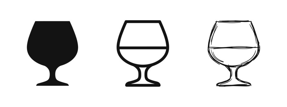 Set of brandy snifter glass icons in different drawing styles