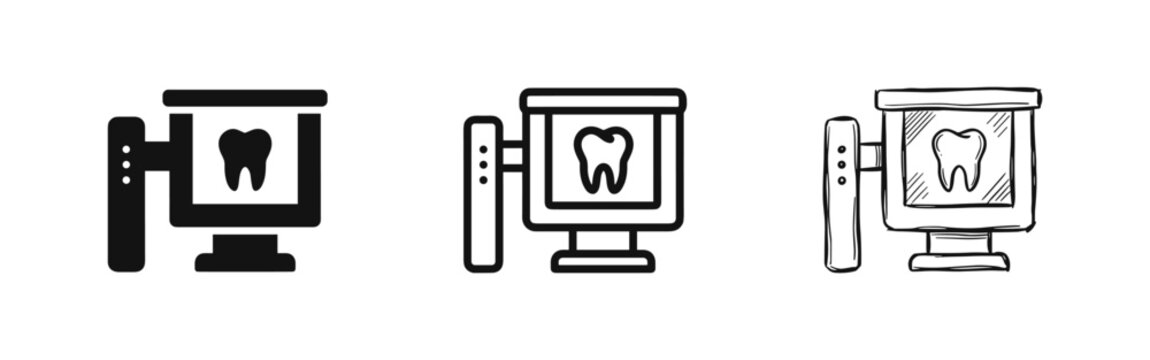 Dental X-ray machine icon set in solid, outline and sketch styles