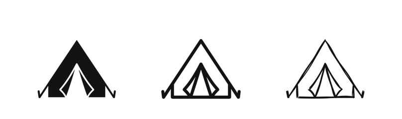 Camping tent icons set, travel and outdoor recreation symbols in flat, line, and doodle styles © drawing lines