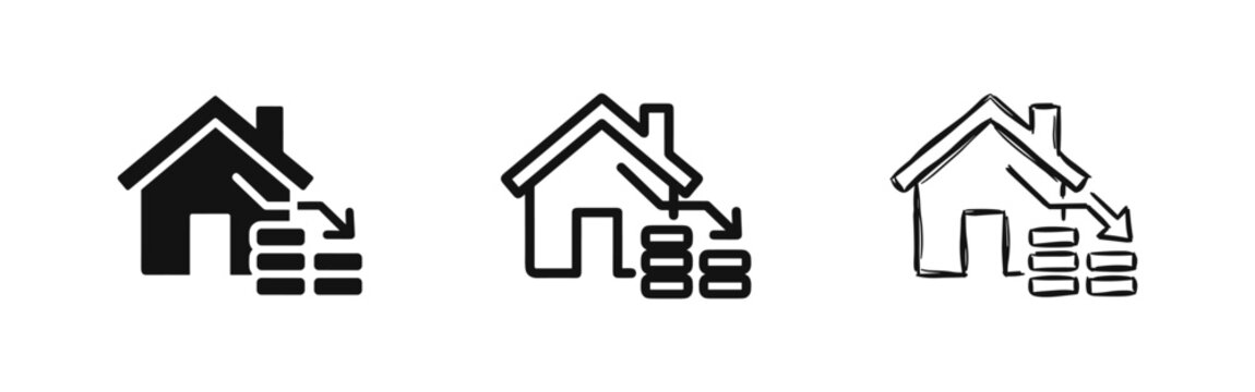 Declining real estate market icons, home value depreciation and property investment loss symbols