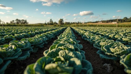 Fototapeta premium Healthy organic cabbage growth on expansive rural agricultural land