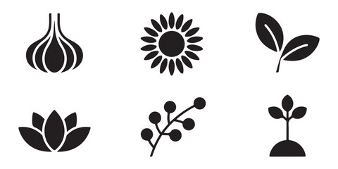 Collection of food and nature icons garlic lotus flower berry branch sprout. © Farik