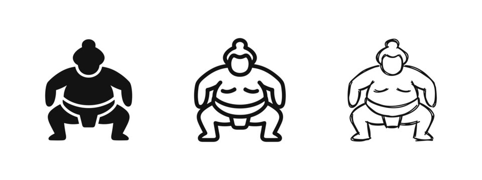 Set of sumo wrestler icons in solid, outline, and sketch styles