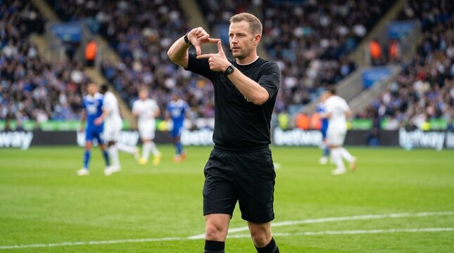 Close-up of soccer referee hands making the VAR video assistant referee rectangular signal during a professional match on a lush green football field pitch background, sports fair play concept.