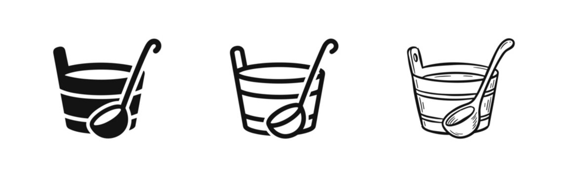 Sauna wooden bucket and ladle icon set, spa relaxation equipment
