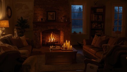 Obraz premium Living room warmth achieved through candlelight flickering before a charming fireplace