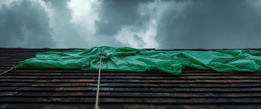 Temporary fix on roof leak using a bright green plastic tarp after severe storm