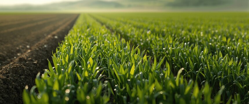 Green crop field with fresh sprouts and plowed soil
