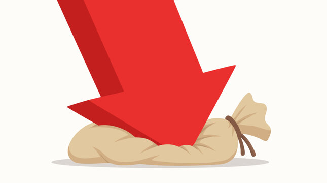 Dramatic Flat Vector Illustration of a Giant Red Downward Arrow Crushing a Sack of Money, Representing Financial Crisis, Economic Recession, Stock Market Crash, and Loss of Capital Wealth.