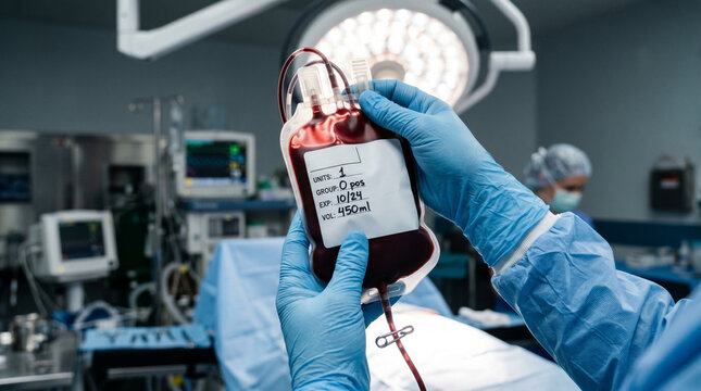 Close-up of hands in blue latex gloves examining a transparent blood bag against a powerful surgical lamp, highlighting the vital role of blood donation in emergency medical treatments and care.
