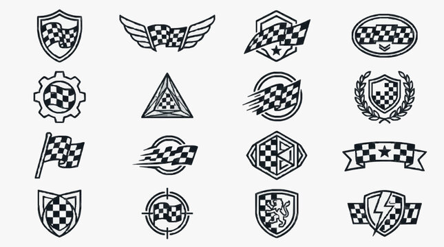 Clean Black and White Racing Checkered Flag Emblem Collection Illustrations for Motorsport Design