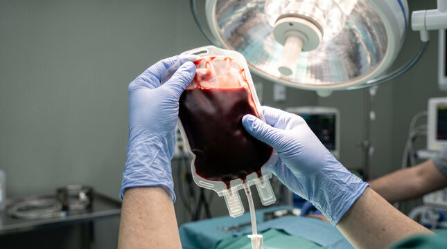 Medical professional in surgical gloves holding a plastic blood bag up to a bright operating room light to inspect the life-saving fluid before a critical transfusion or surgery procedure.