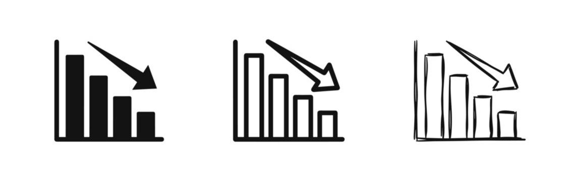 Falling bar graph icons: solid, outline, and sketch styles