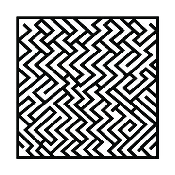Minimalist square black and white geometric maze puzzle featuring intricate paths for logical thinking and problem solving illustration