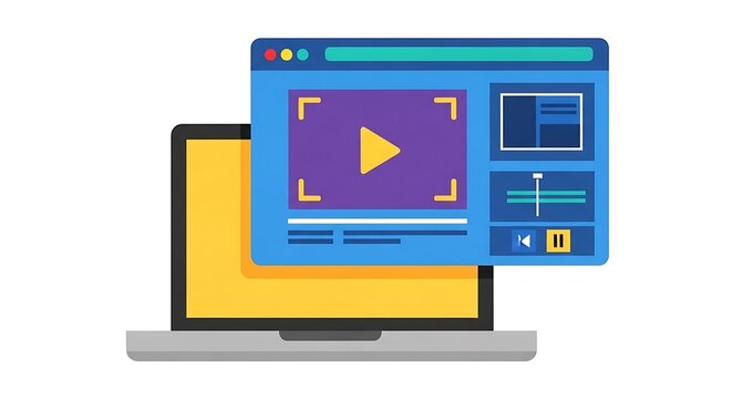A laptop displays a video editing software interface on screen