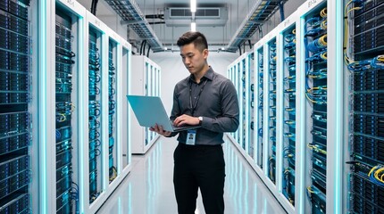 Fototapeta premium Man in Data Center Managing Servers with Laptop