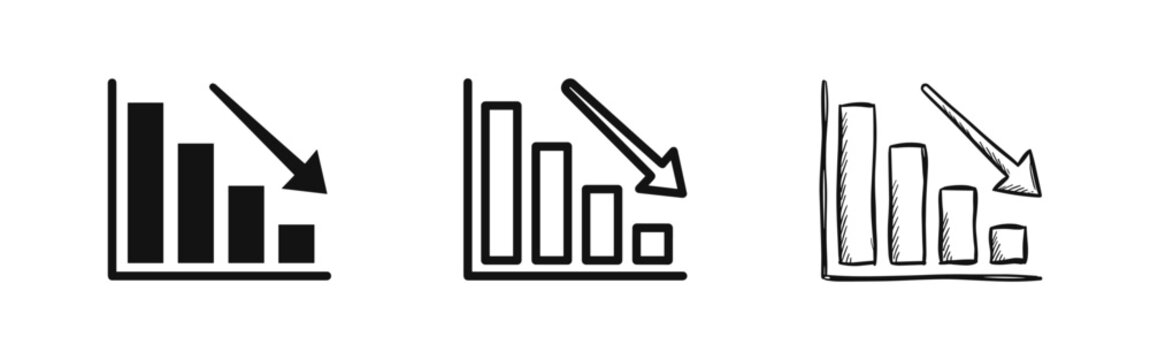 Falling bar graph with arrow icon, solid and outline styles