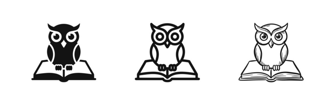Owl on Book Wisdom and Education Icon Set - Knowledge and Learning Symbols in Different Styles