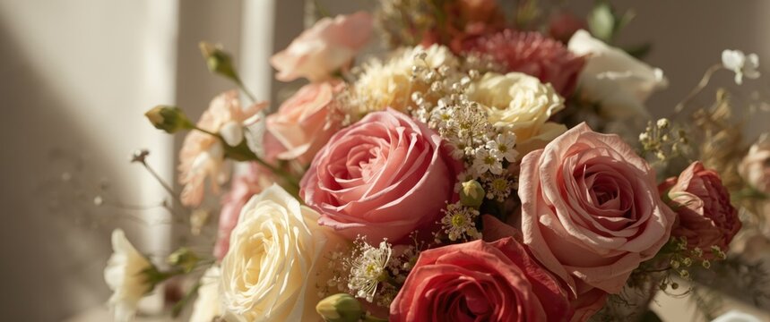 Vibrant bouquet of roses matthiolas and narcissus designed for festive occasions