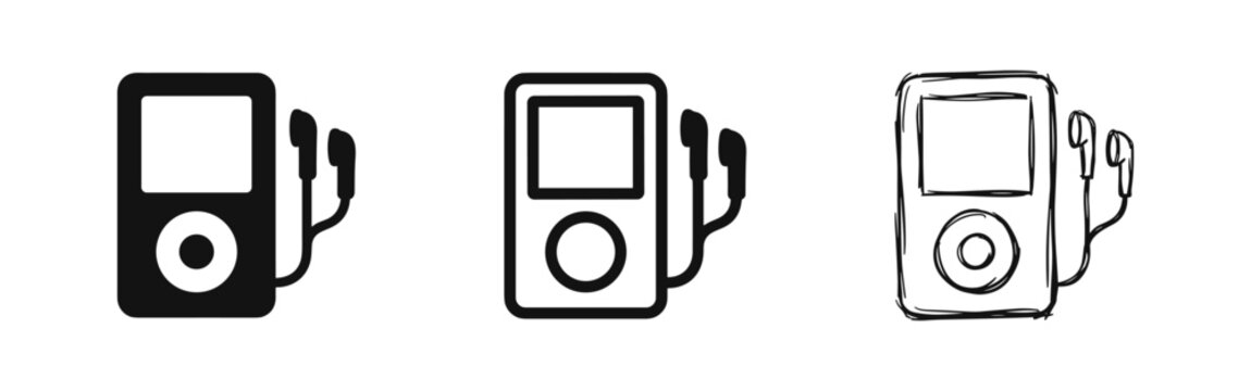 Music Player and Headphones Icon Set: Portable Audio Device and Entertainment Symbols