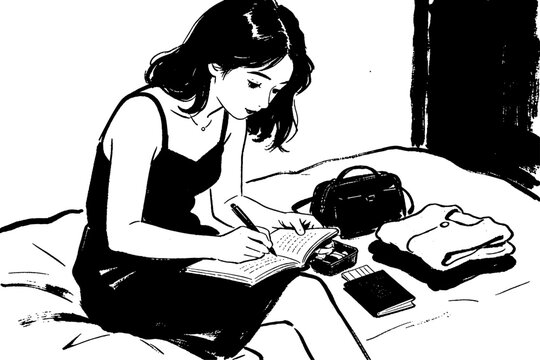 Woman planning while packing travel essentials.