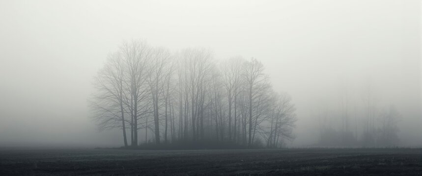 soft foggy monochrome scene with towering tree silhouettes