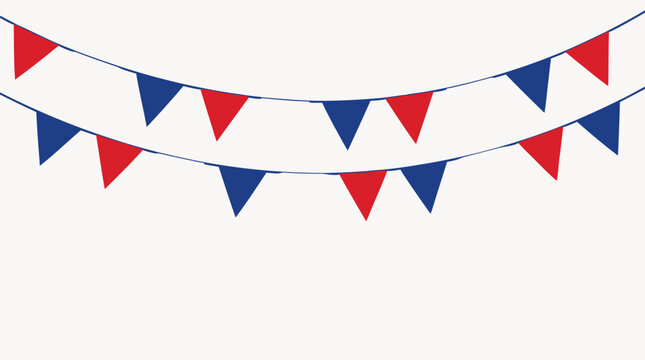 Red white and blue bunting flags hanging for patriotic celebration, flat vector illustration on light background. US Independence Day decor, Fourth of July garland for parties and events. Design.