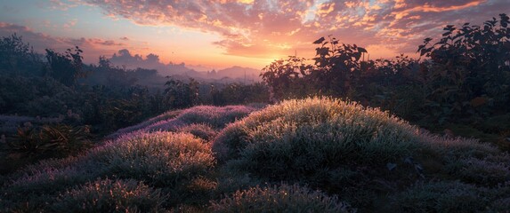 Obraz premium Meadow with flowering plants under a colorful sunrise sky