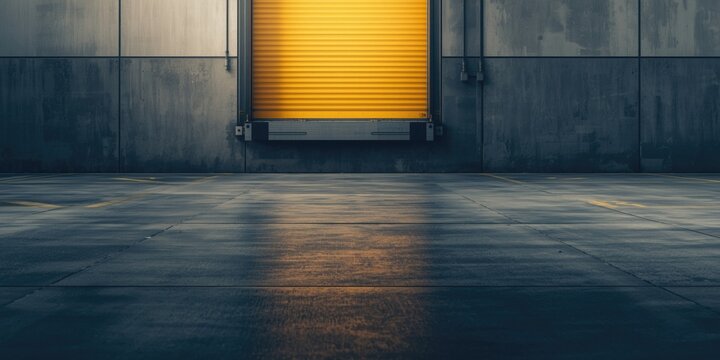 Industrial loading dock with yellow roller door and polished floor
