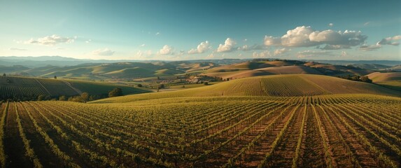 Fototapeta premium High altitude view revealing extensive vineyard patchwork on smooth rolling hills in bright daylight
